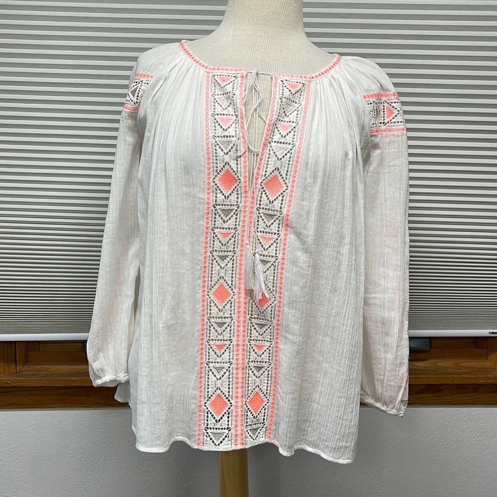 Madewell White Gauze Geometric Embroidered Long Sleeve Peasant Shirt Size XS
